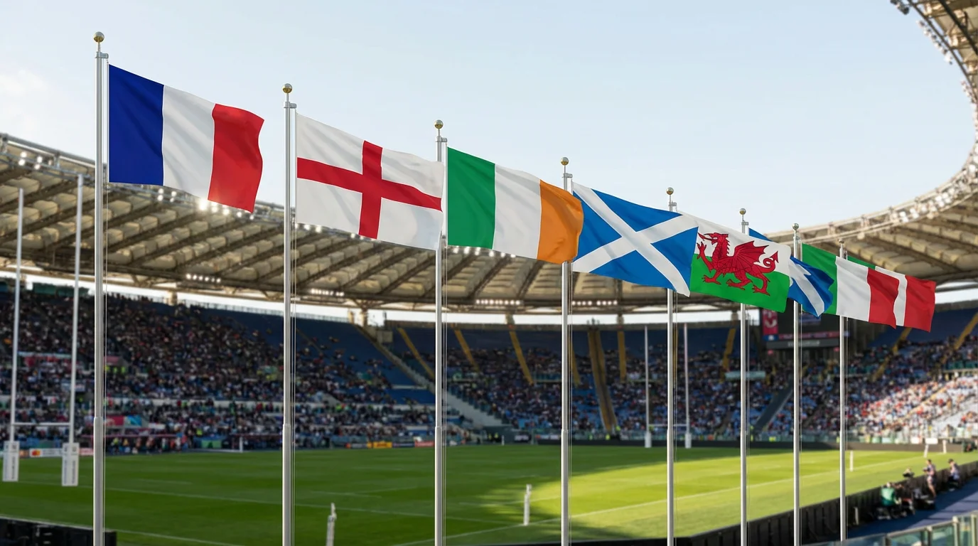 Drapeaux des six nations du tournoi dans un stade de rugby
