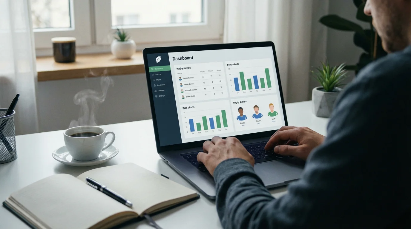 Personne analysant les statistiques d une equipe de rugby sur un ordinateur portable