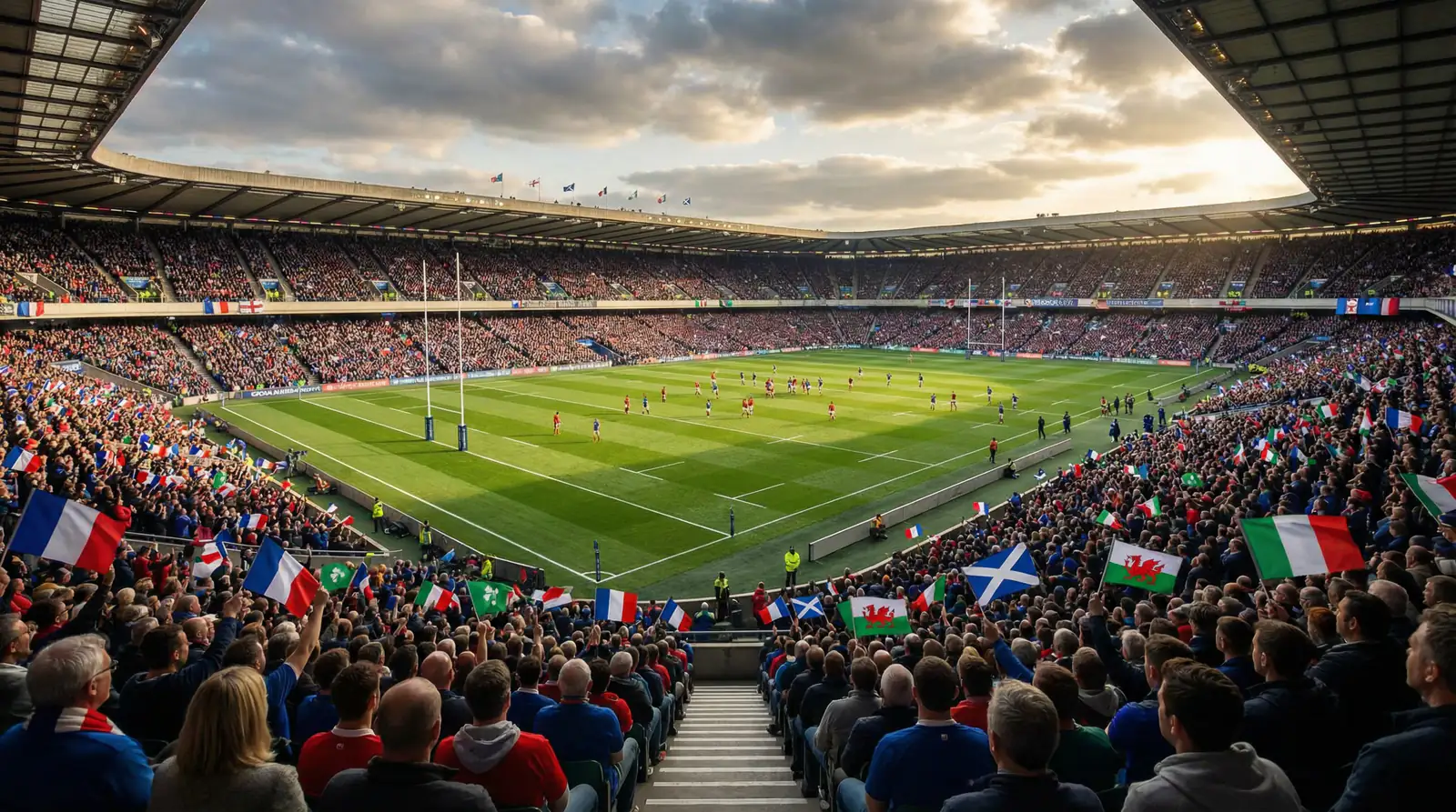 Stade de rugby lors d'un match du Tournoi des 6 Nations avec drapeaux des nations