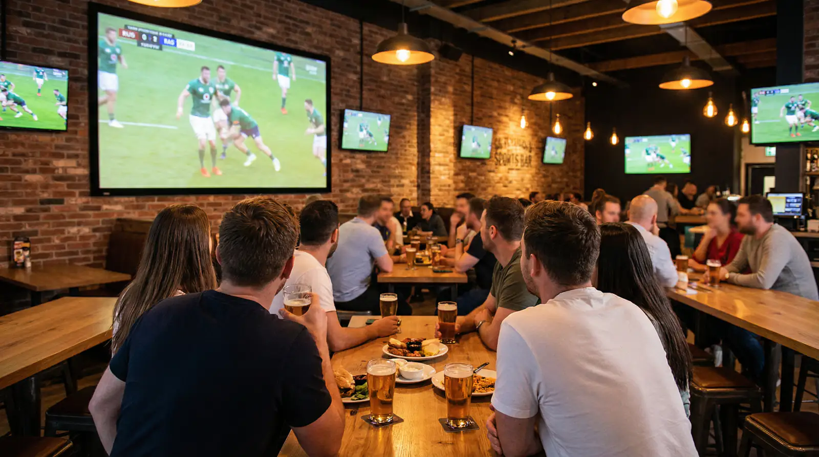 Supporters regardant un match de rugby sur grand écran dans un bar sportif
