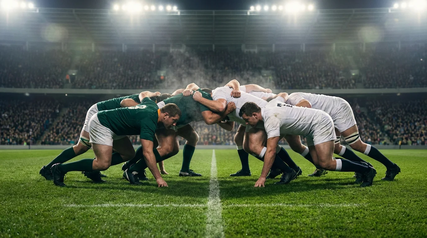 Joueurs de rugby en mêlée sur un terrain de gazon lors d'un match professionnel