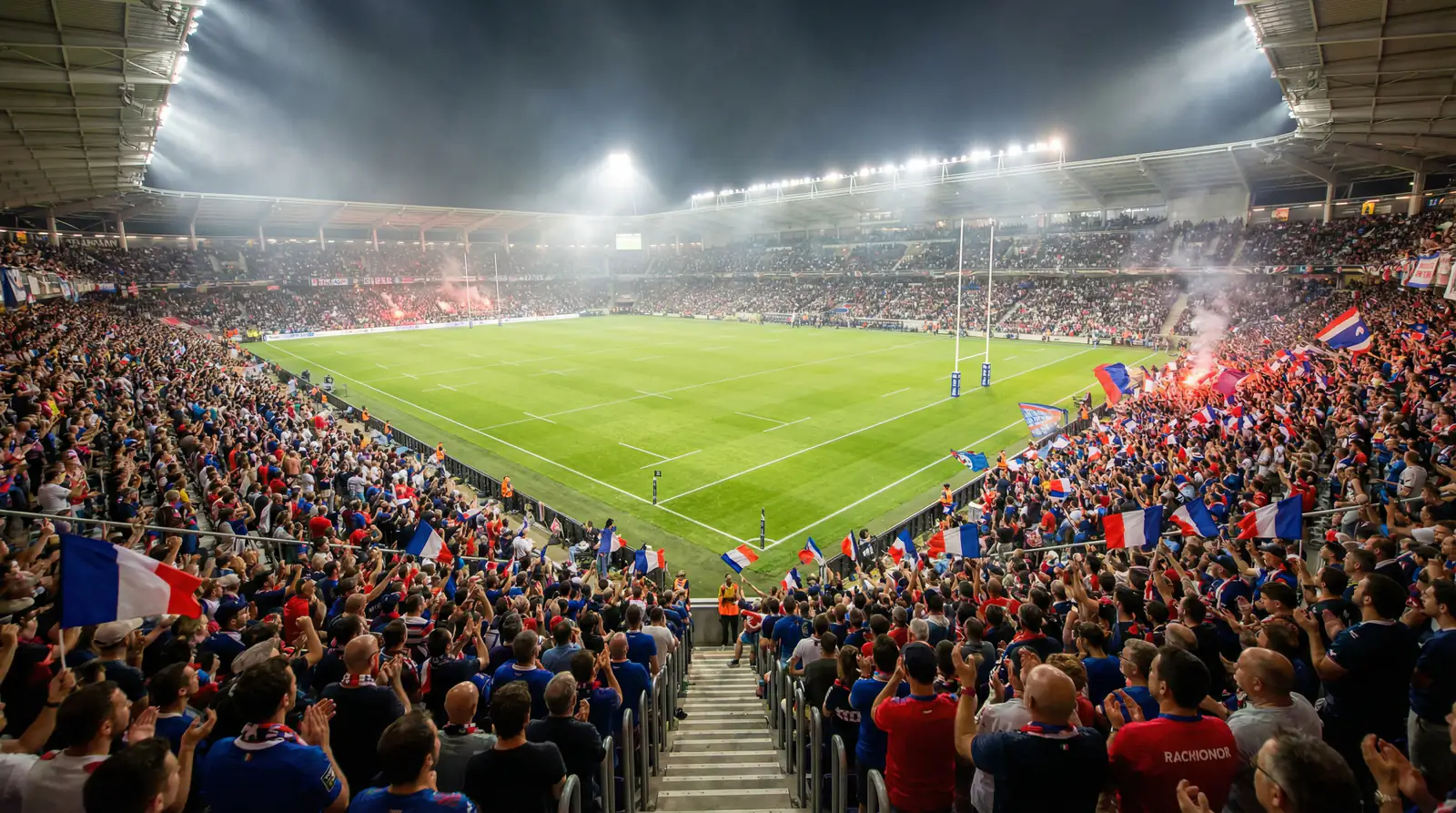 Stade de rugby français rempli de supporters lors d'un match du Top 14