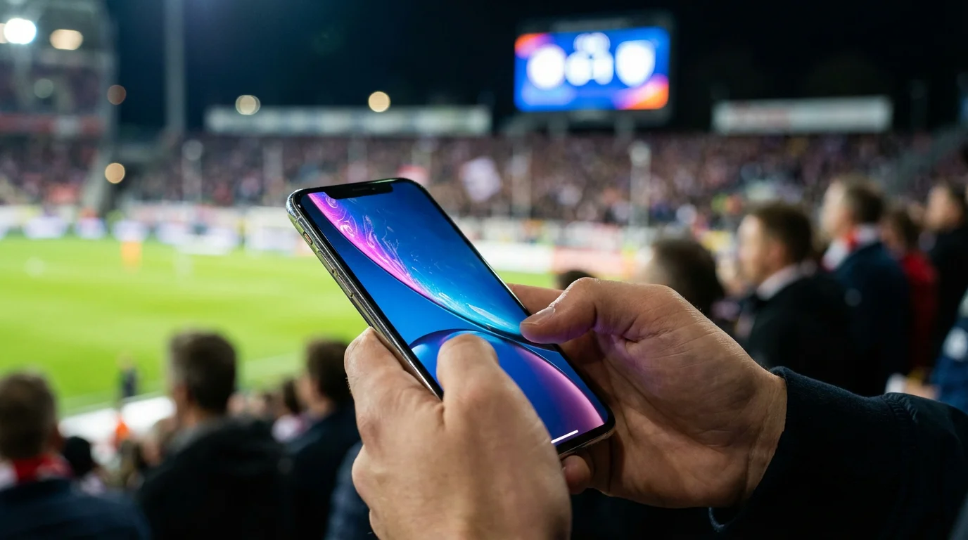Mains tenant un smartphone lors d'un événement sportif