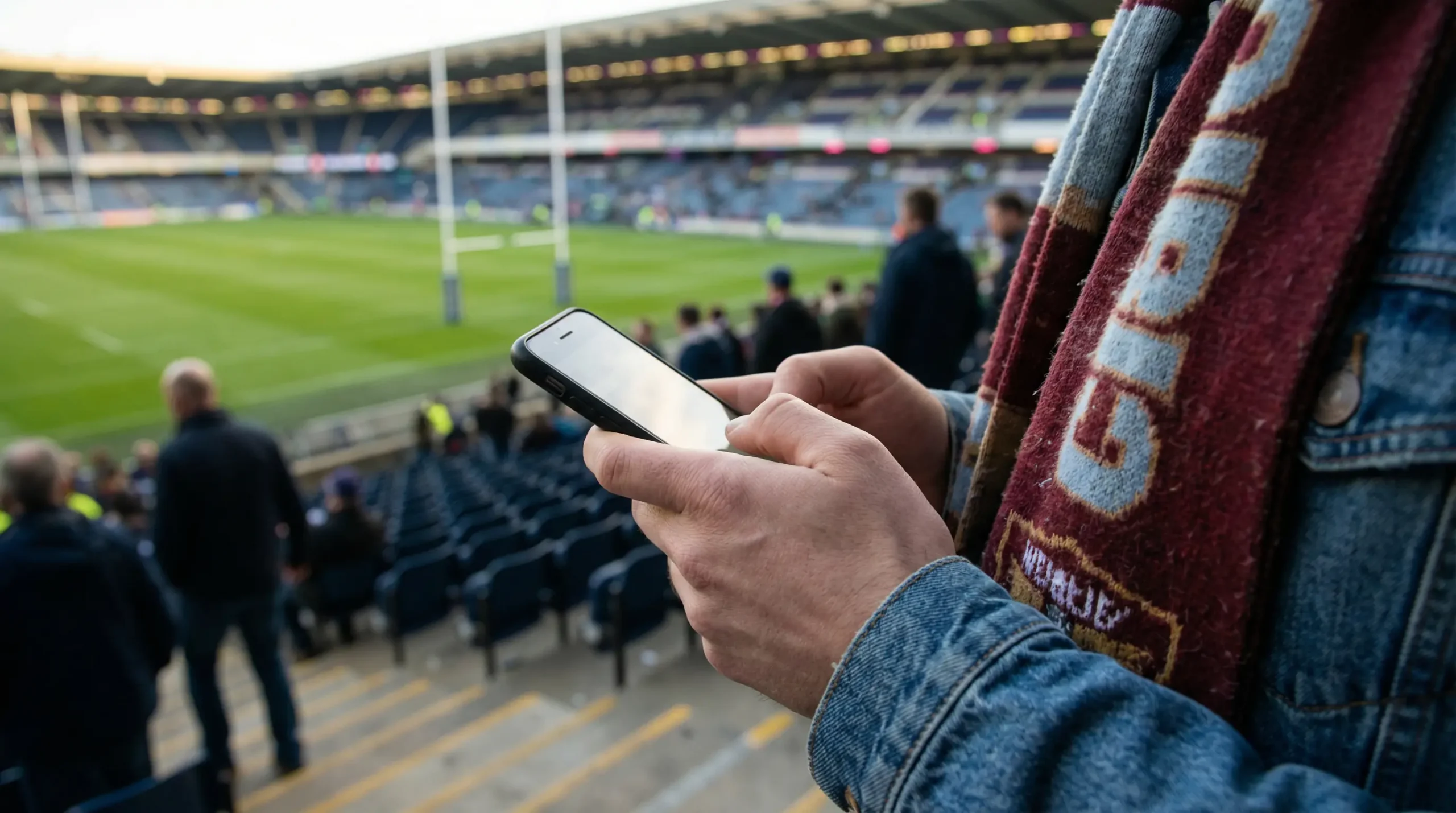 Supporter de rugby consultant son smartphone avant un match