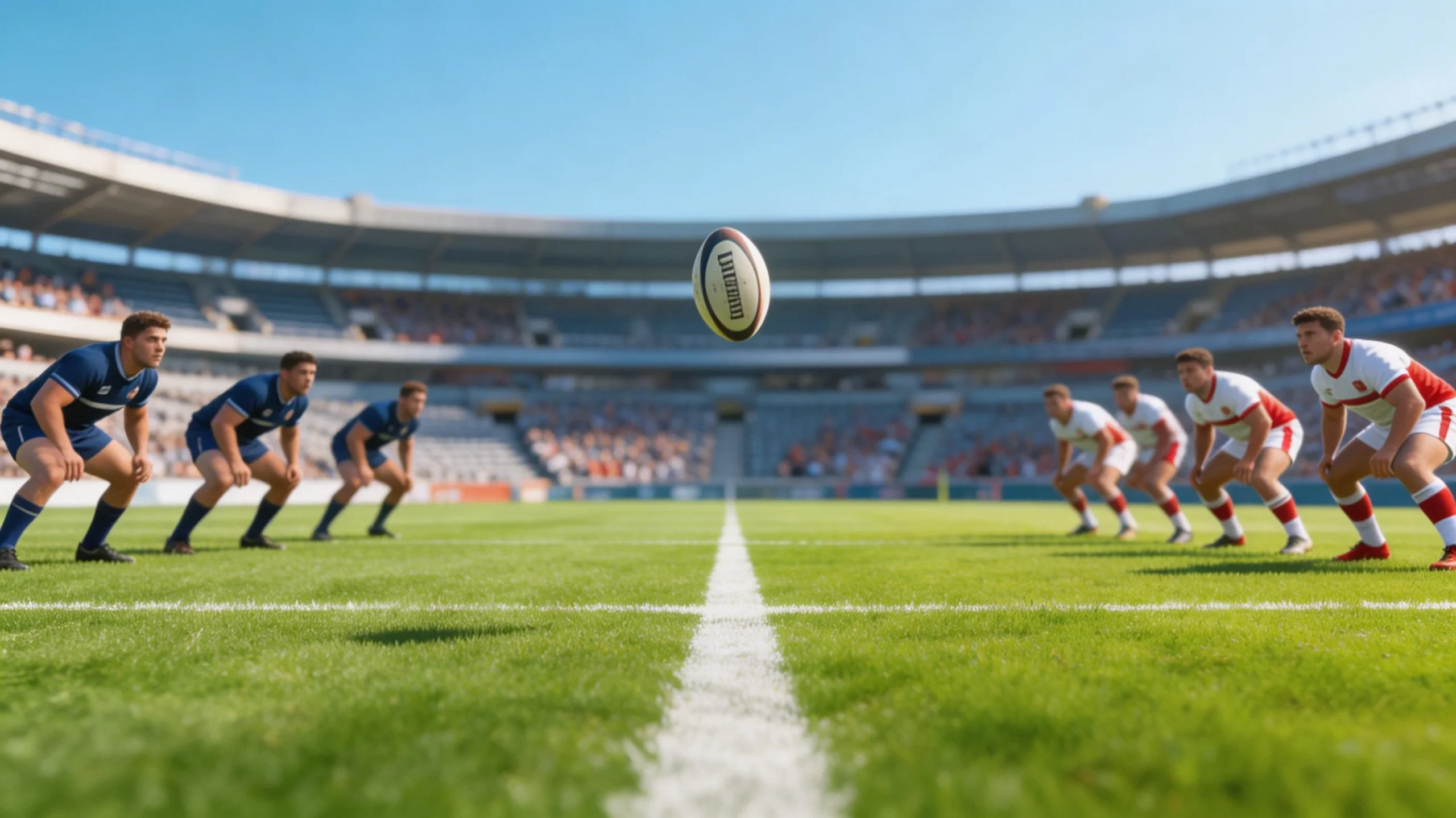 Coup d'envoi d'un match de rugby sur terrain professionnel