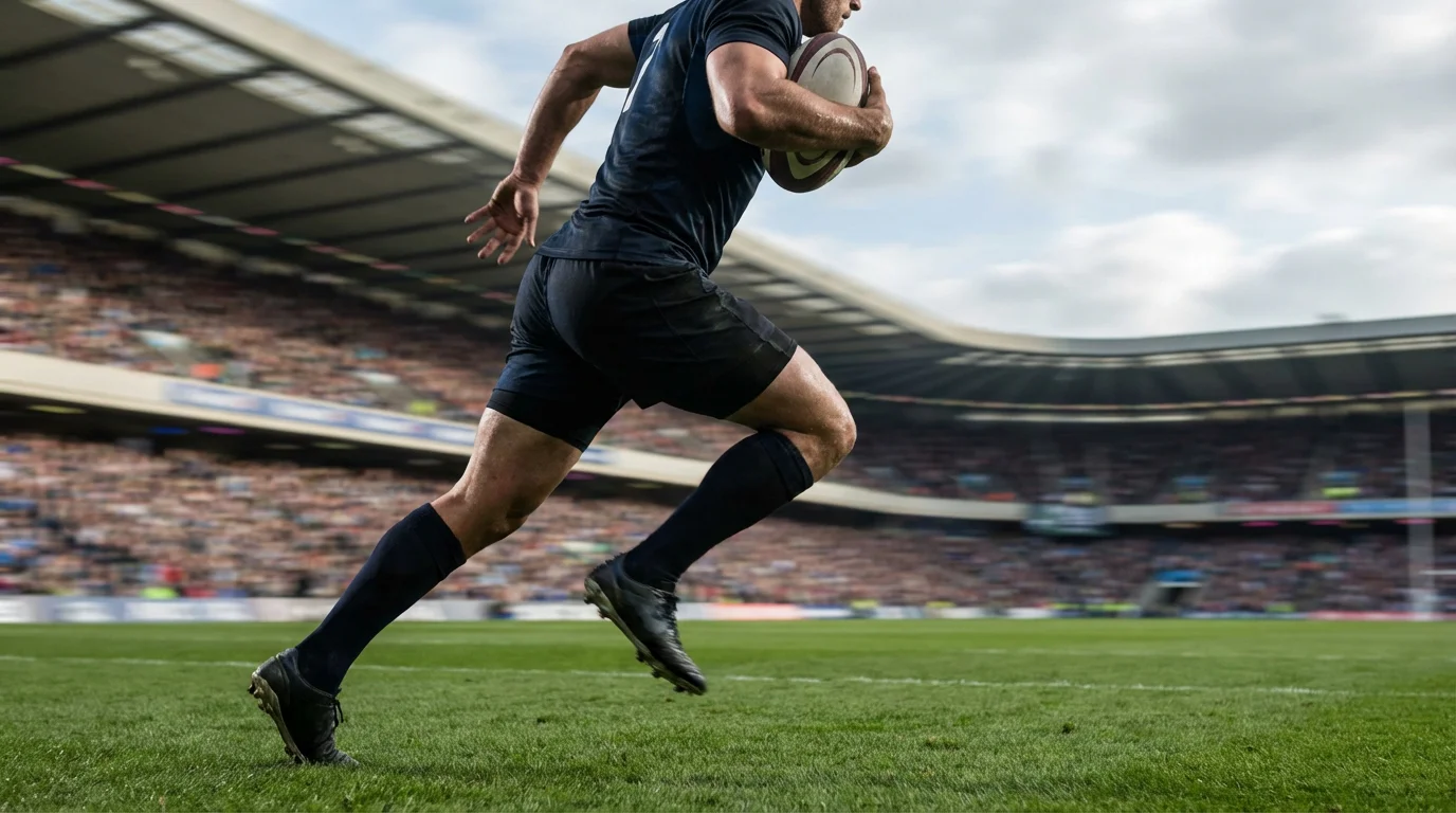 Joueur de rugby courant avec le ballon sur le terrain