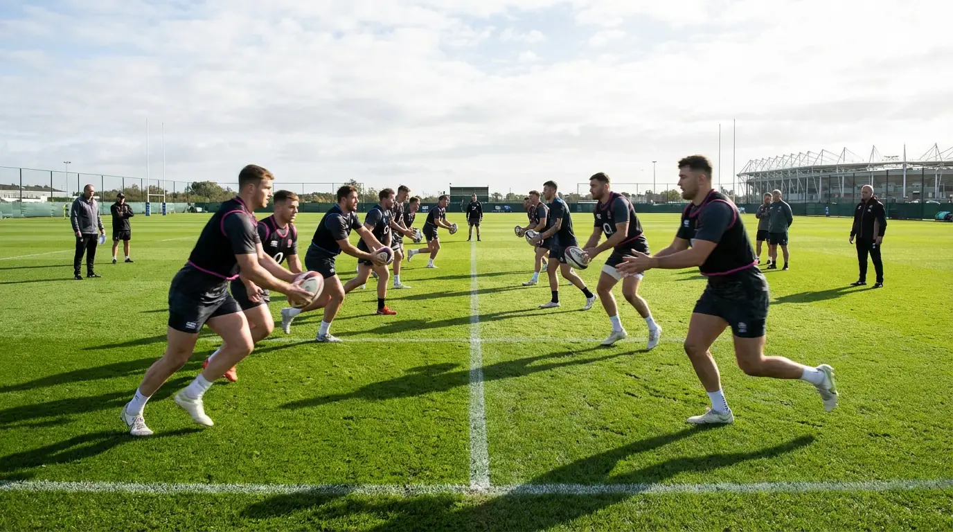 Joueurs de rugby à l'entraînement sur terrain en herbe