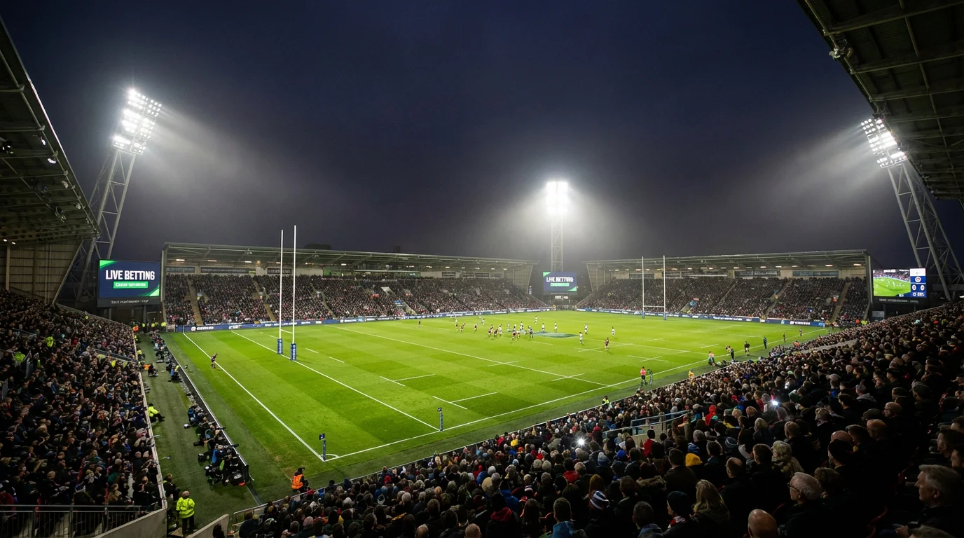Stade de rugby illuminé lors d'un match en soirée