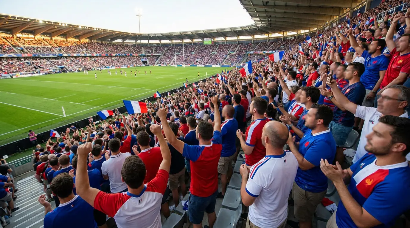 Supporters de rugby dans les tribunes d'un stade français