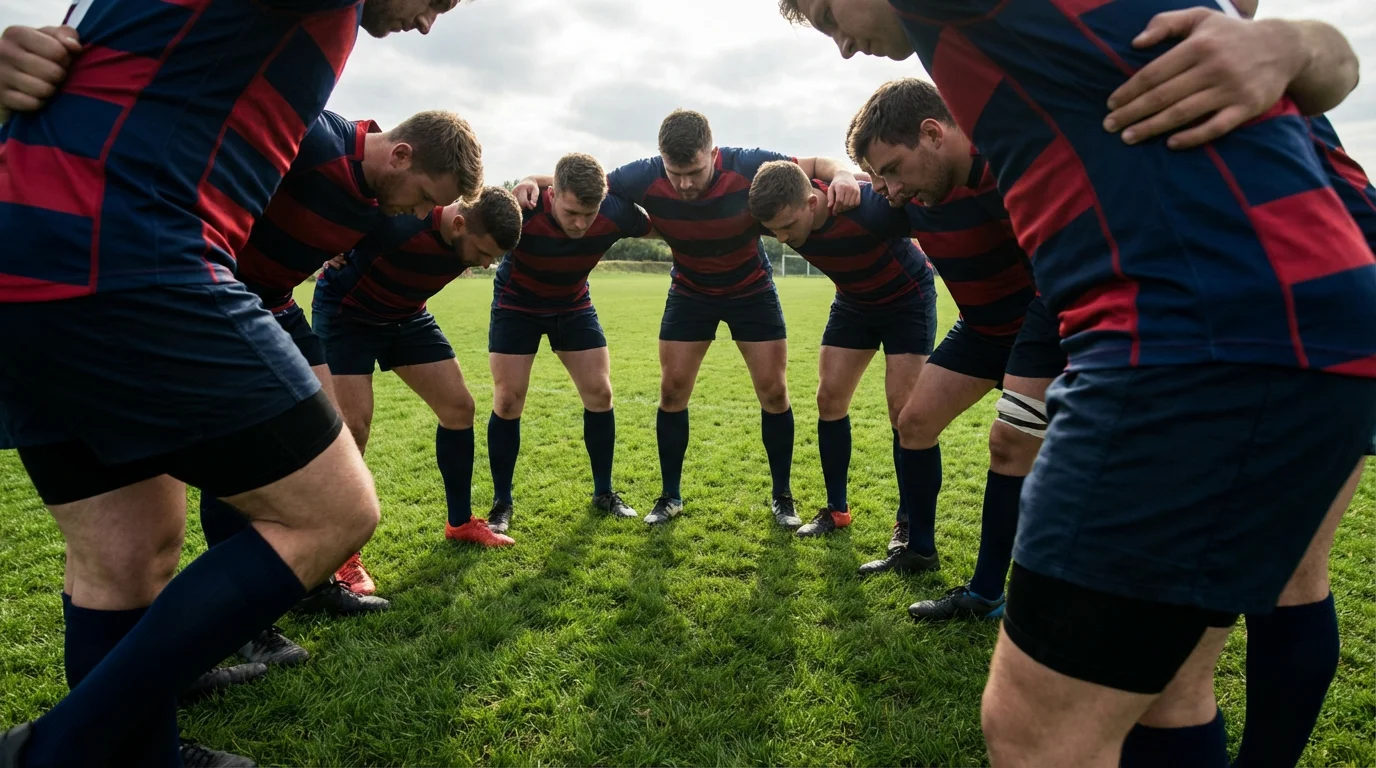 Équipe de rugby professionnelle en cercle avant un match