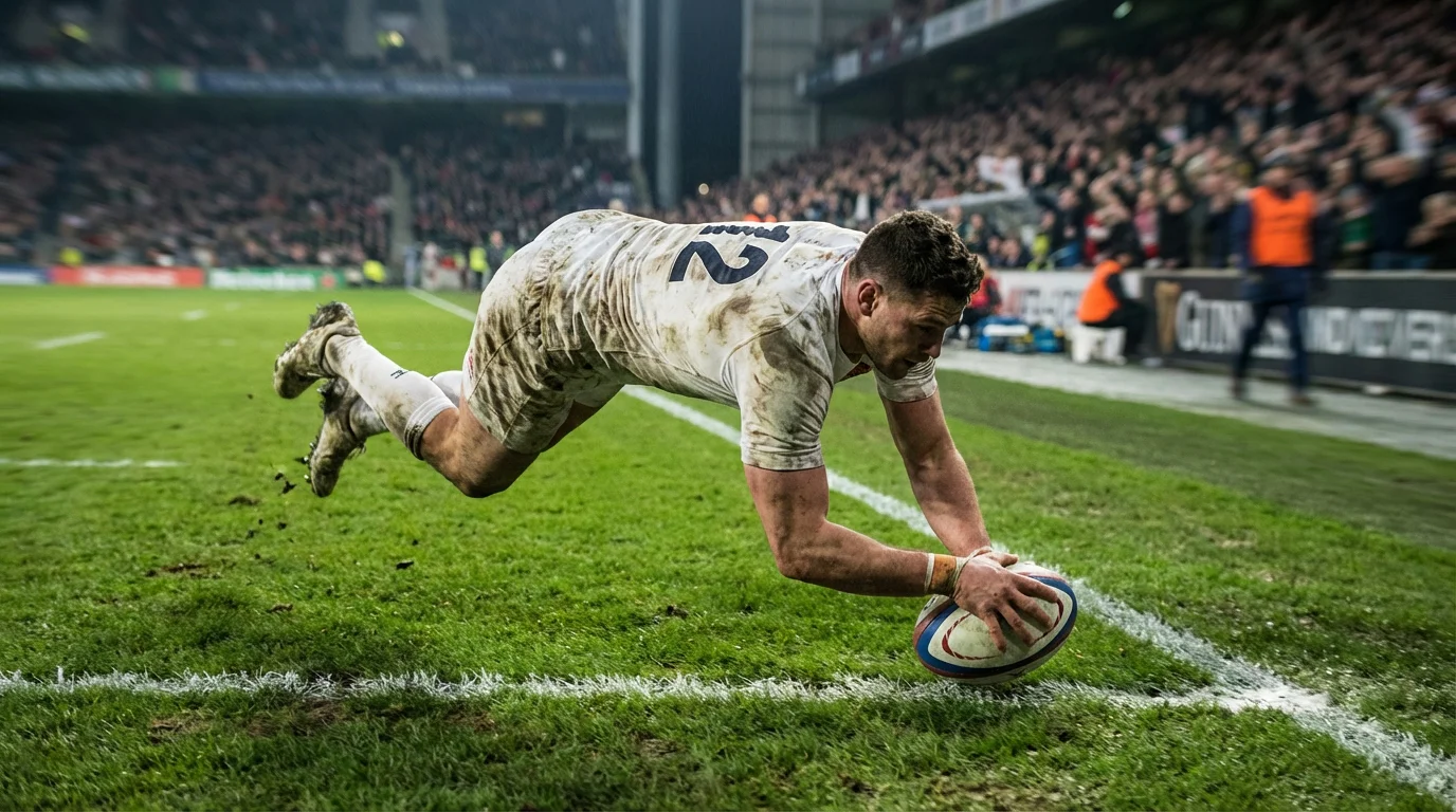 Joueur de rugby marquant un essai en plongeant