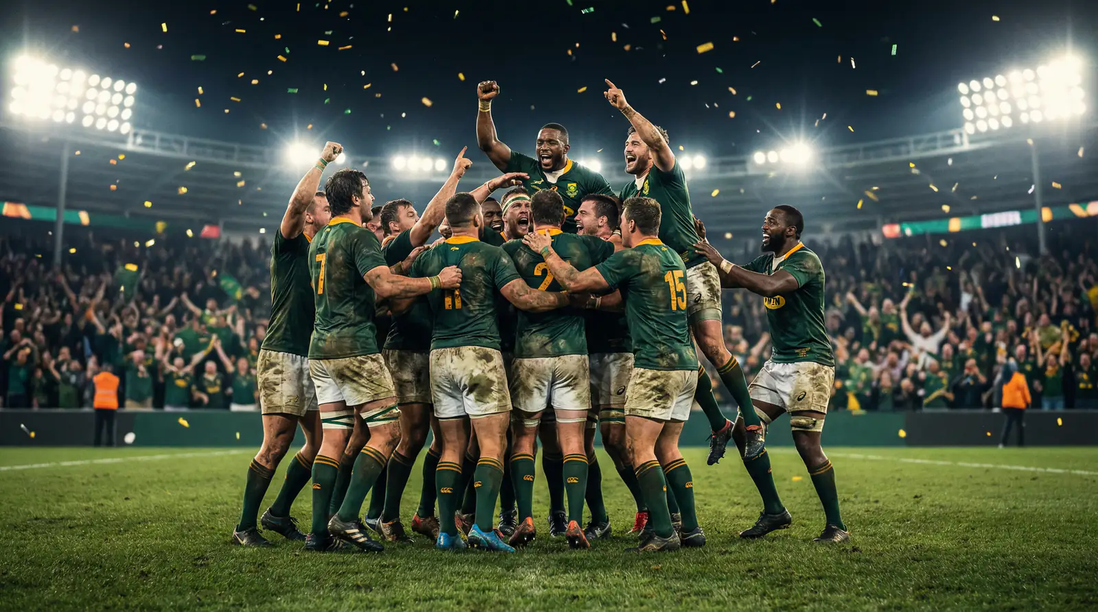 Joueurs de rugby célébrant une victoire sur le terrain
