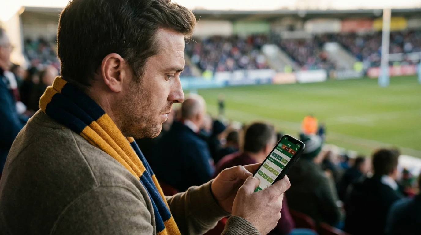 Supporter consultant les cotes de paris rugby sur son smartphone dans un stade